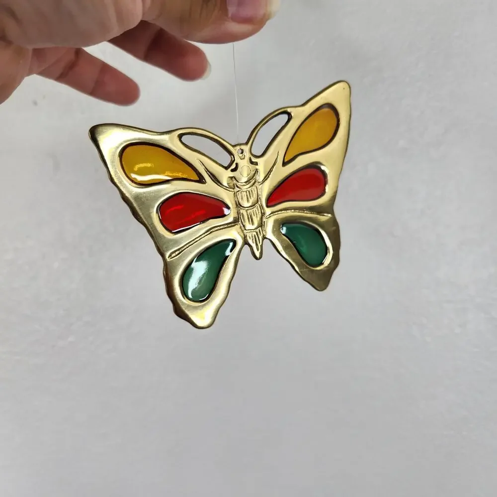 Vintage Brass & Glass Butterfly Suncatcher Hanging Decor Collectible